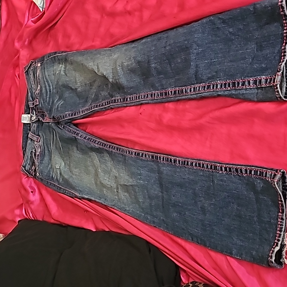 Barily ever worn true religion. Jeans with signature emblem on backpackets.